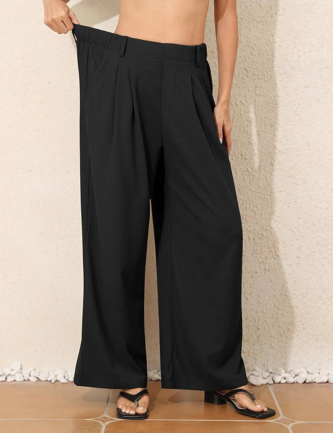 kayamiya Women's Elastic Waist Wide Leg Waffle Pants High Waisted Business Work Casual Summer Dress Trousers with Pockets