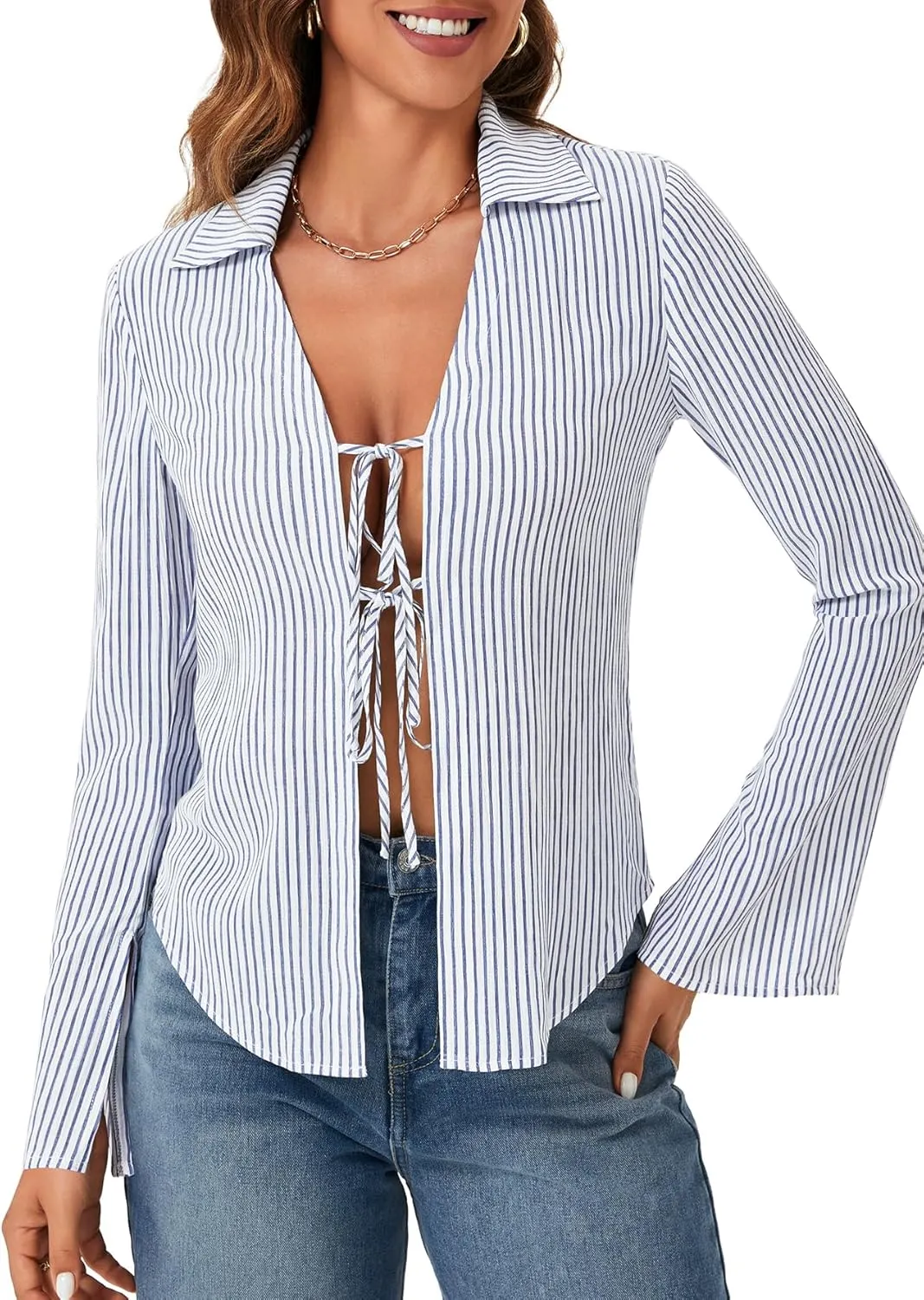 KIFOVEN Womens Sexy Tie Front Striped Shirt Open Front Bell Long Sleeve Collared Y2K Blouse Top