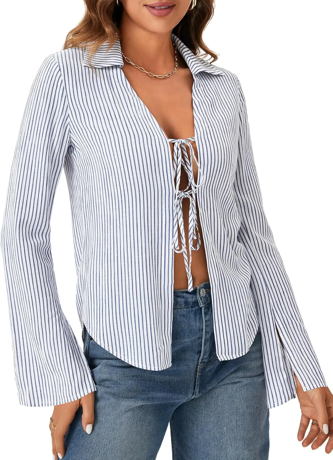 KIFOVEN Womens Sexy Tie Front Striped Shirt Open Front Bell Long Sleeve Collared Y2K Blouse Top