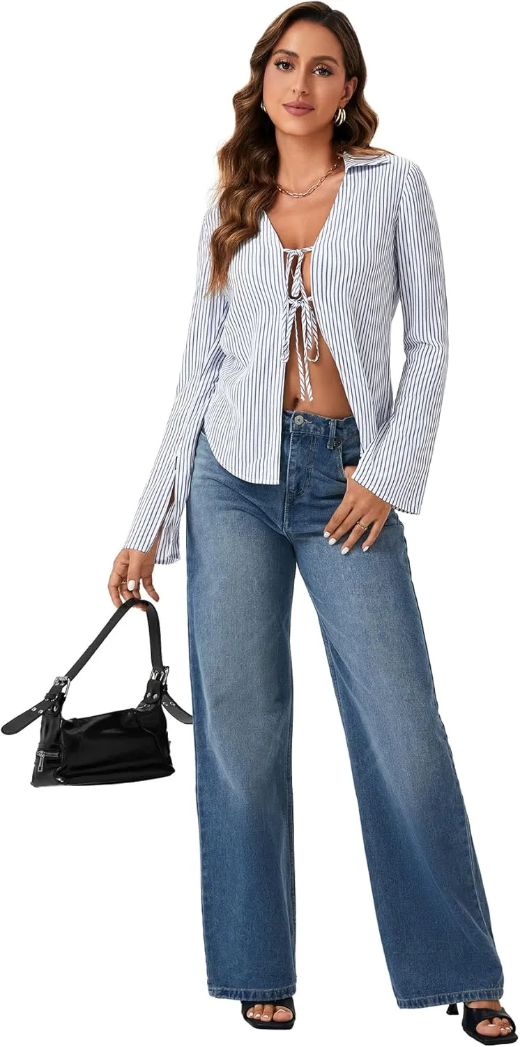 KIFOVEN Womens Sexy Tie Front Striped Shirt Open Front Bell Long Sleeve Collared Y2K Blouse Top
