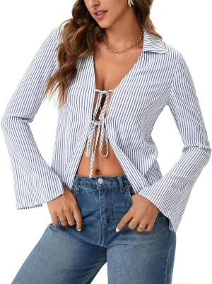 KIFOVEN Womens Sexy Tie Front Striped Shirt Open Front Bell Long Sleeve Collared Y2K Blouse Top