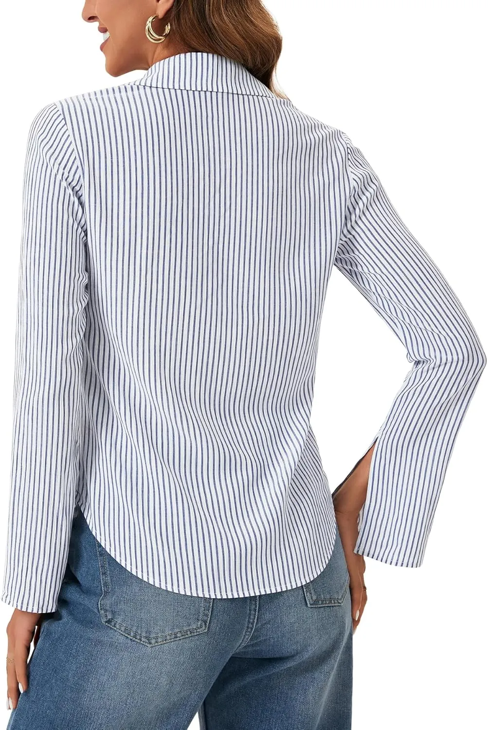 KIFOVEN Womens Sexy Tie Front Striped Shirt Open Front Bell Long Sleeve Collared Y2K Blouse Top