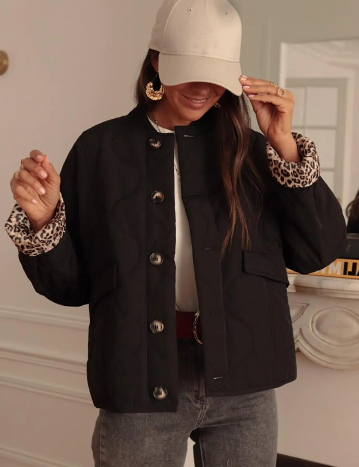 Kissonic Womens Quilted Lightweight Jackets Button Down Puffer Jacket Leopard Lined Bomber Coat with Pockets