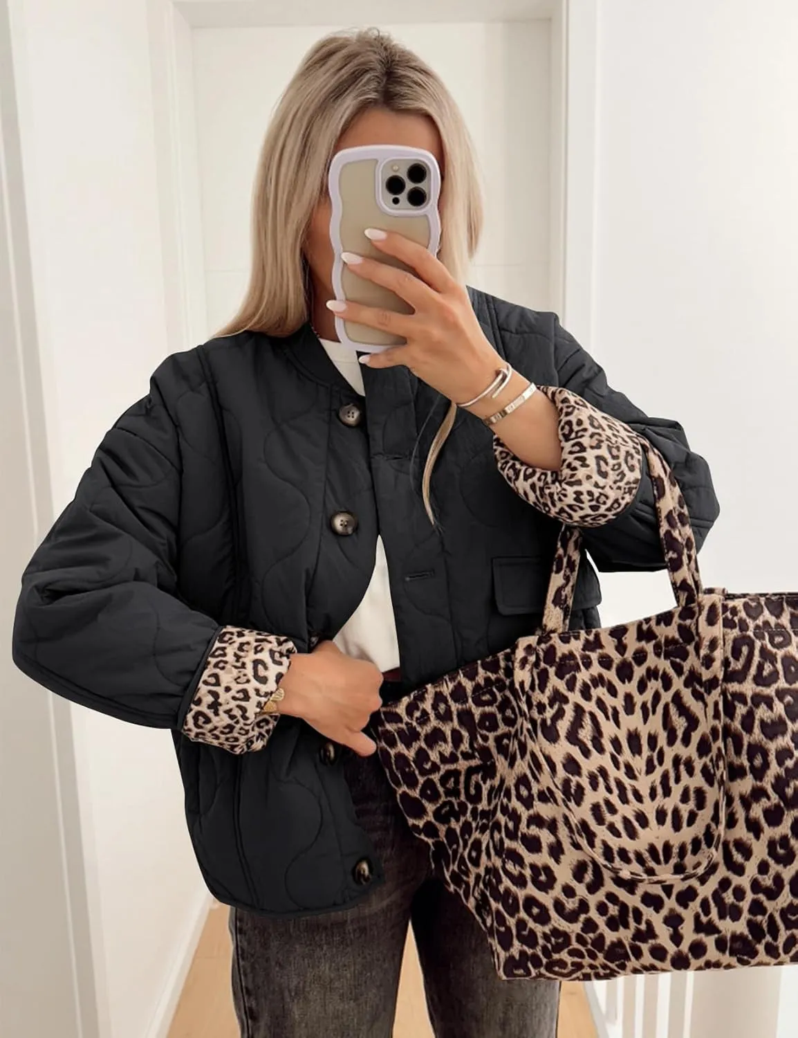 Kissonic Womens Quilted Lightweight Jackets Button Down Puffer Jacket Leopard Lined Bomber Coat with Pockets