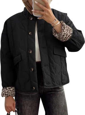 Kissonic Womens Quilted Lightweight Jackets Button Down Puffer Jacket Leopard Lined Bomber Coat with Pockets