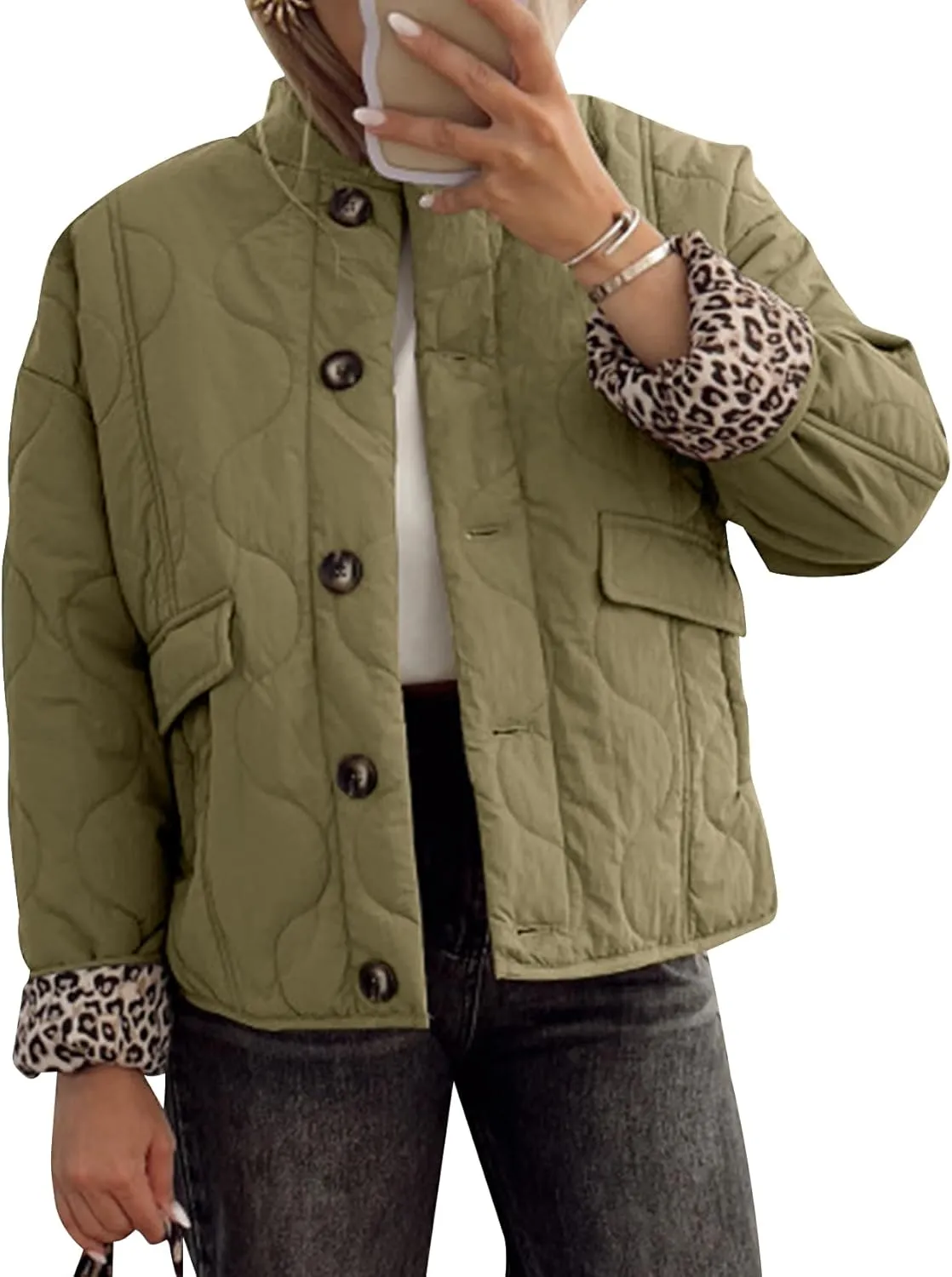 Kissonic Womens Quilted Lightweight Jackets Button Down Puffer Jacket Leopard Lined Bomber Coat with Pockets