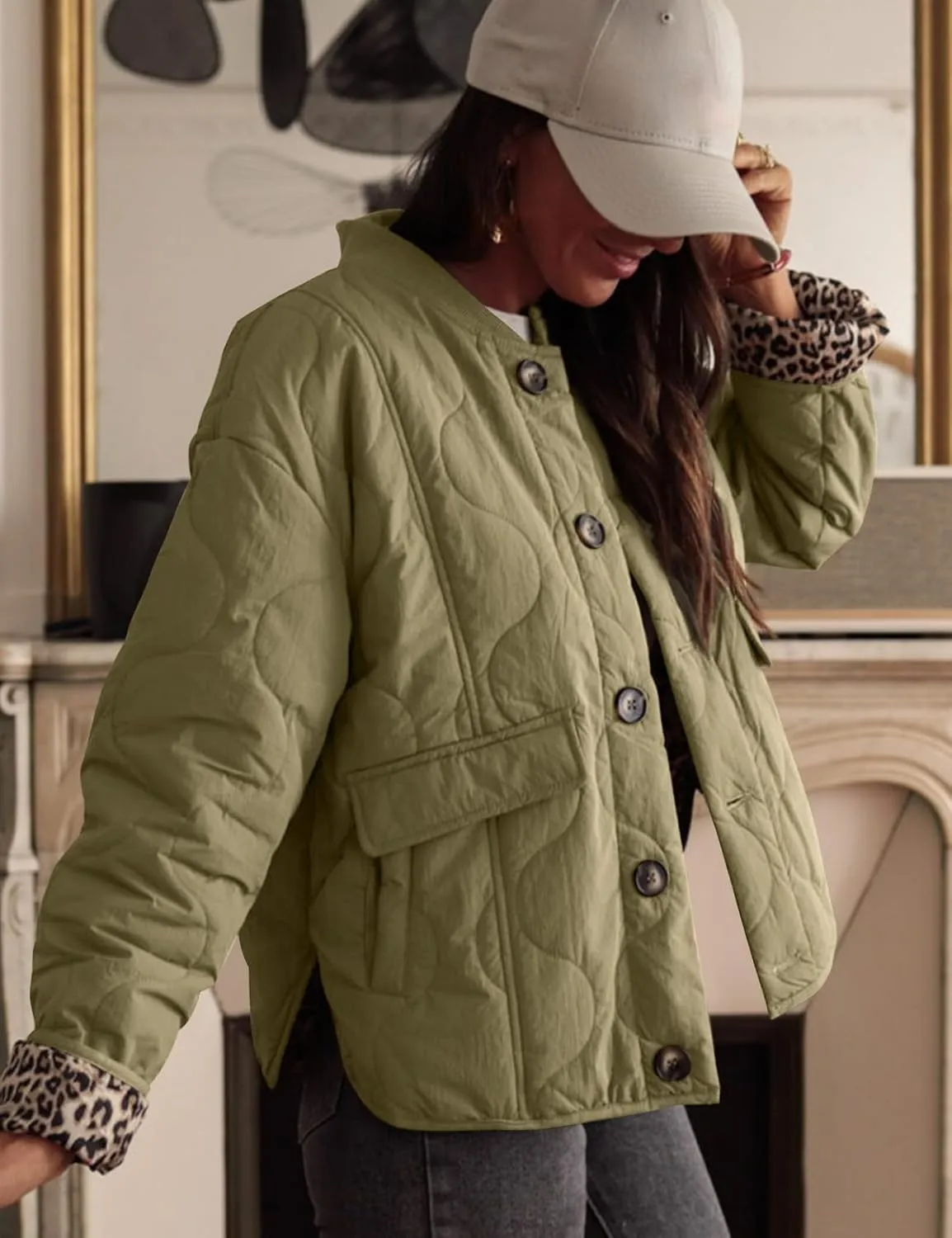 Kissonic Womens Quilted Lightweight Jackets Button Down Puffer Jacket Leopard Lined Bomber Coat with Pockets