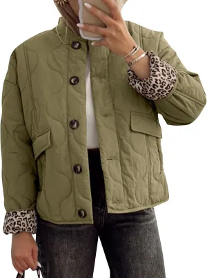Kissonic Womens Quilted Lightweight Jackets Button Down Puffer Jacket Leopard Lined Bomber Coat with Pockets