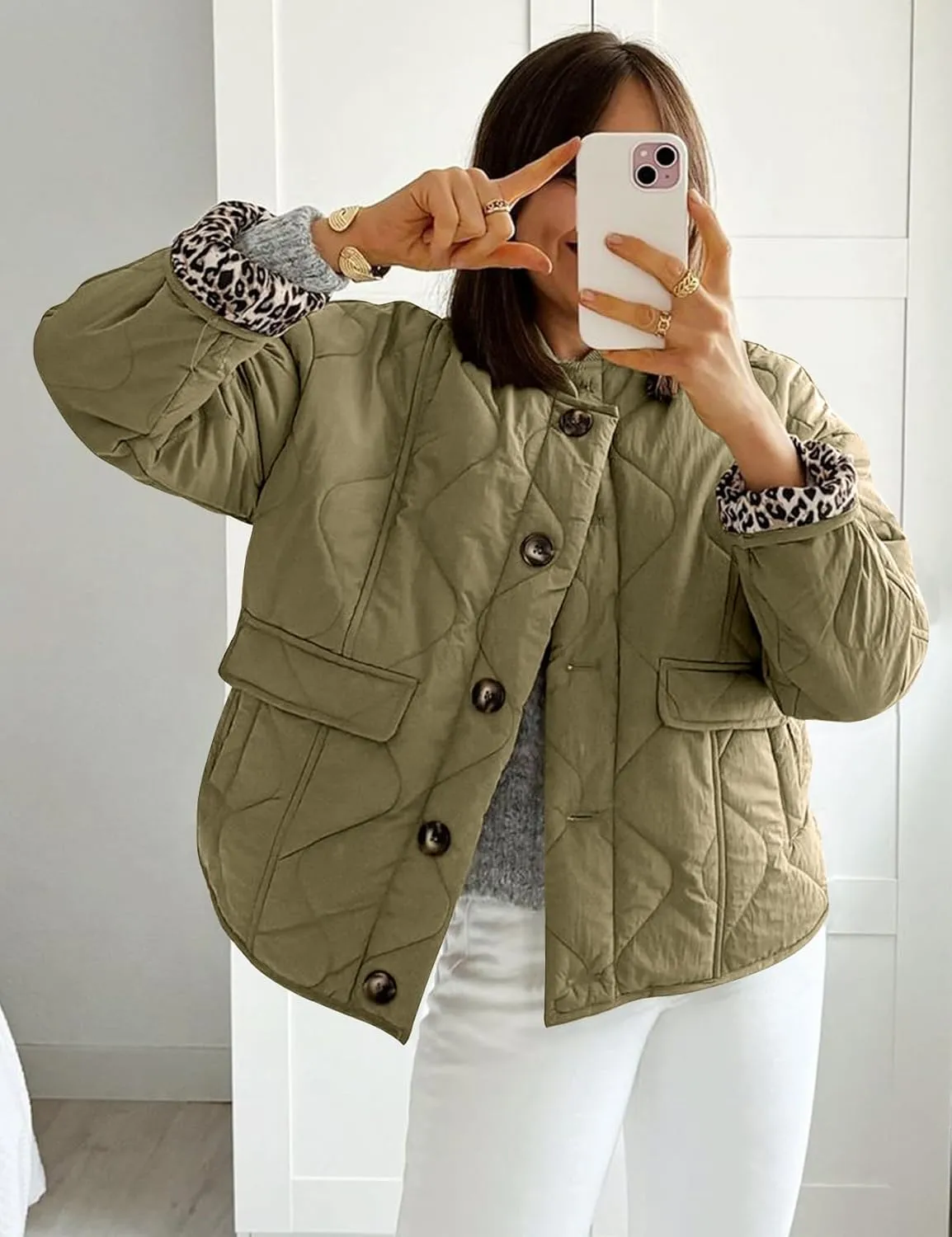 Kissonic Womens Quilted Lightweight Jackets Button Down Puffer Jacket Leopard Lined Bomber Coat with Pockets