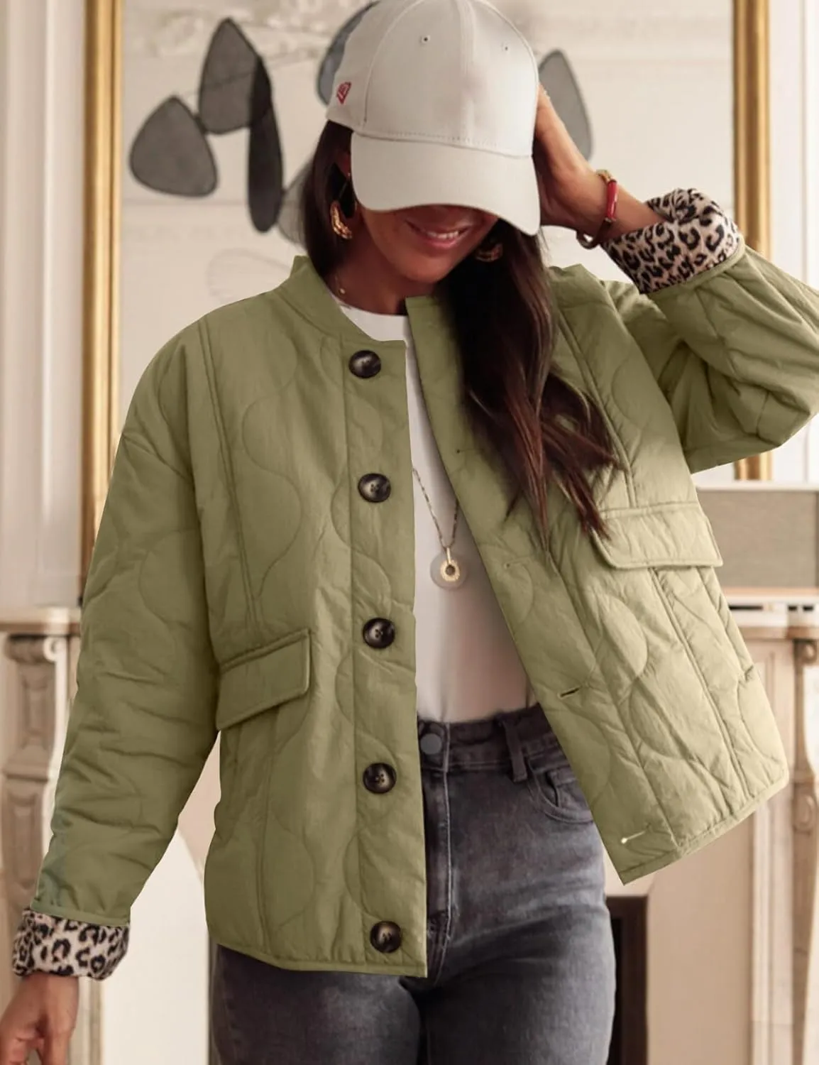 Kissonic Womens Quilted Lightweight Jackets Button Down Puffer Jacket Leopard Lined Bomber Coat with Pockets