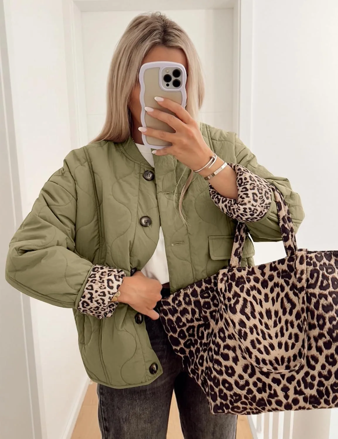 Kissonic Womens Quilted Lightweight Jackets Button Down Puffer Jacket Leopard Lined Bomber Coat with Pockets