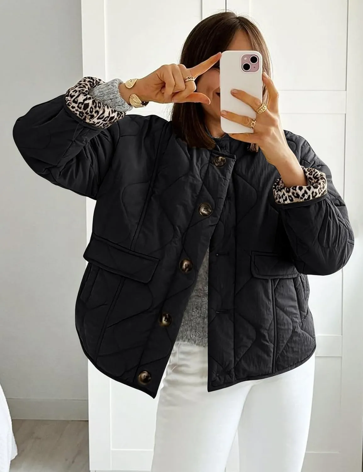 Kissonic Womens Quilted Lightweight Jackets Button Down Puffer Jacket Leopard Lined Bomber Coat with Pockets