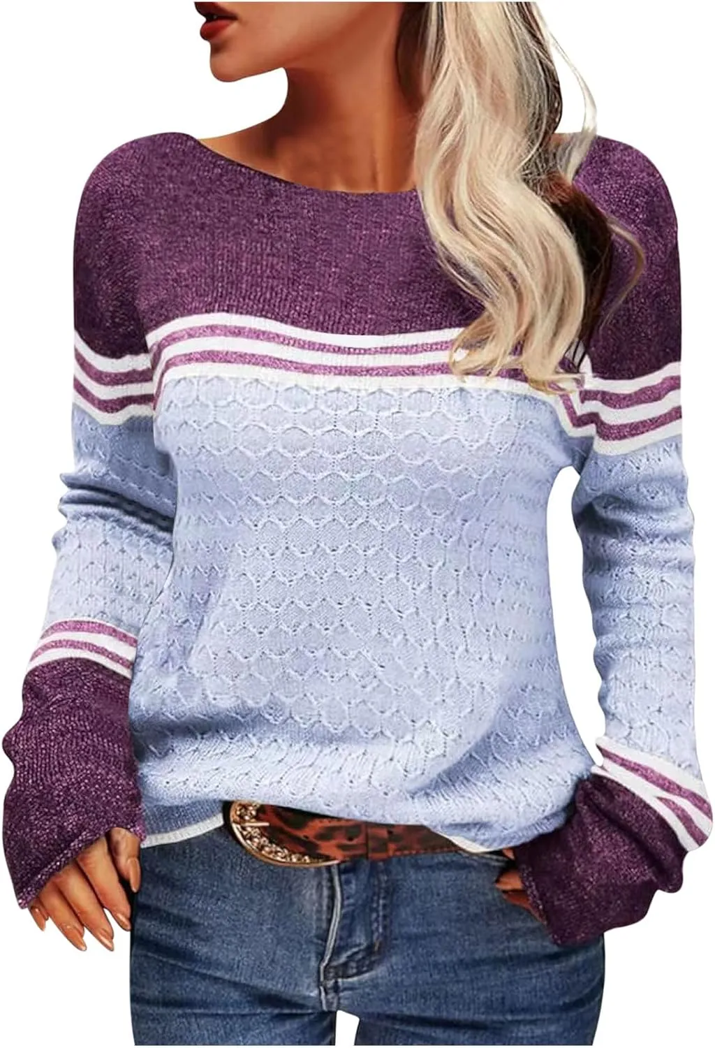 Knit Sweaters for Women Fall Winter Colorblock Pullovers Long Sleeve Crewneck Slim Fit Sweater Tops Trendy 2024