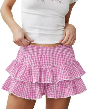 KOSUSANILL Ruffle Lolita Mini Skirt Women Y2k Gingham Smocked Cosplay Layered Costume Pleated Micro Skirt