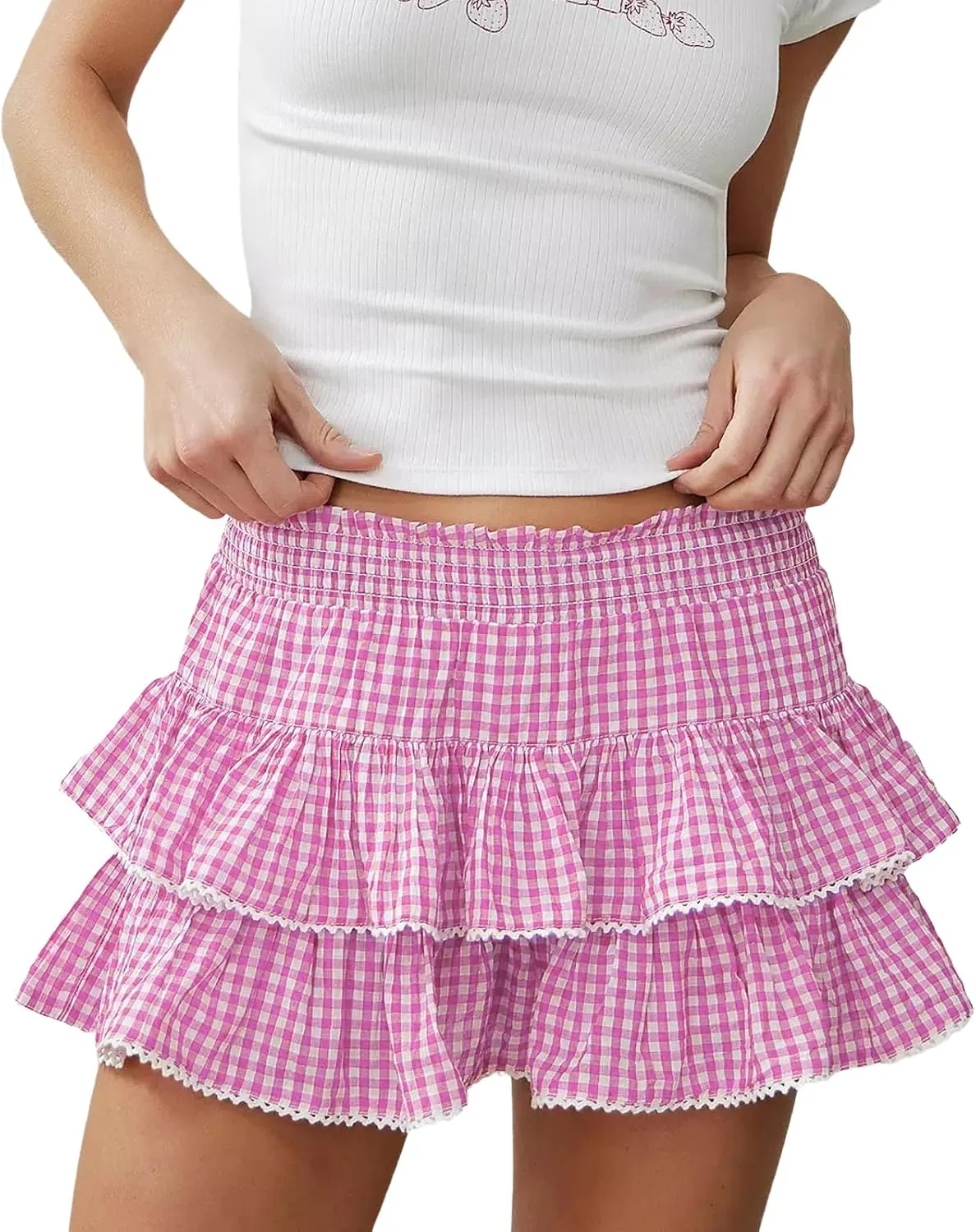 KOSUSANILL Ruffle Lolita Mini Skirt Women Y2k Gingham Smocked Cosplay Layered Costume Pleated Micro Skirt