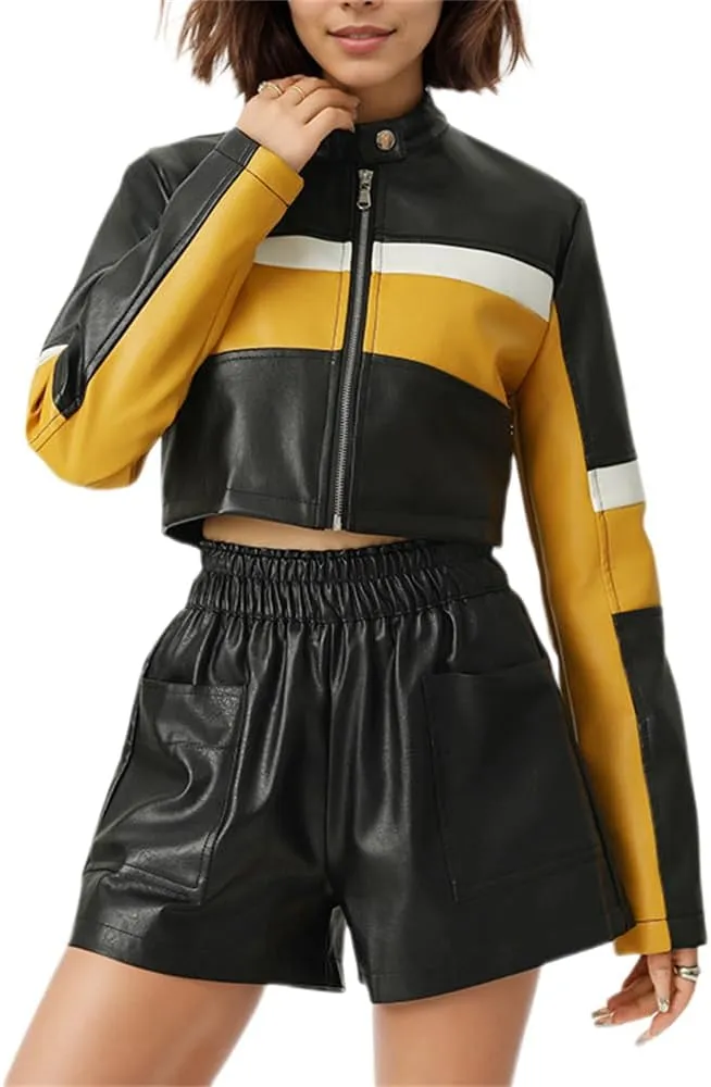 ksotutm Women's PU Leather Jackets Zipper Moto Biker Short Leather Jacket Women Bomber Jacket PU Coats