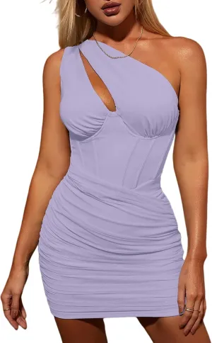 KUTUMAI Women's Sexy One Shoulder Cutout Bodycon Corset Dress Ruched Mesh Party Club Mini Dresses