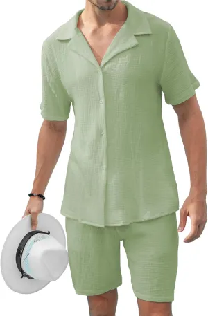 KUYIGO Men's 2 Pieces Beach Outfit Cotton Set Short Sleeve Button Down Shirts Shorts Summer Casual Outfits