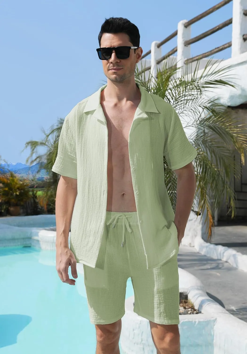 KUYIGO Men's 2 Pieces Beach Outfit Cotton Set Short Sleeve Button Down Shirts Shorts Summer Casual Outfits