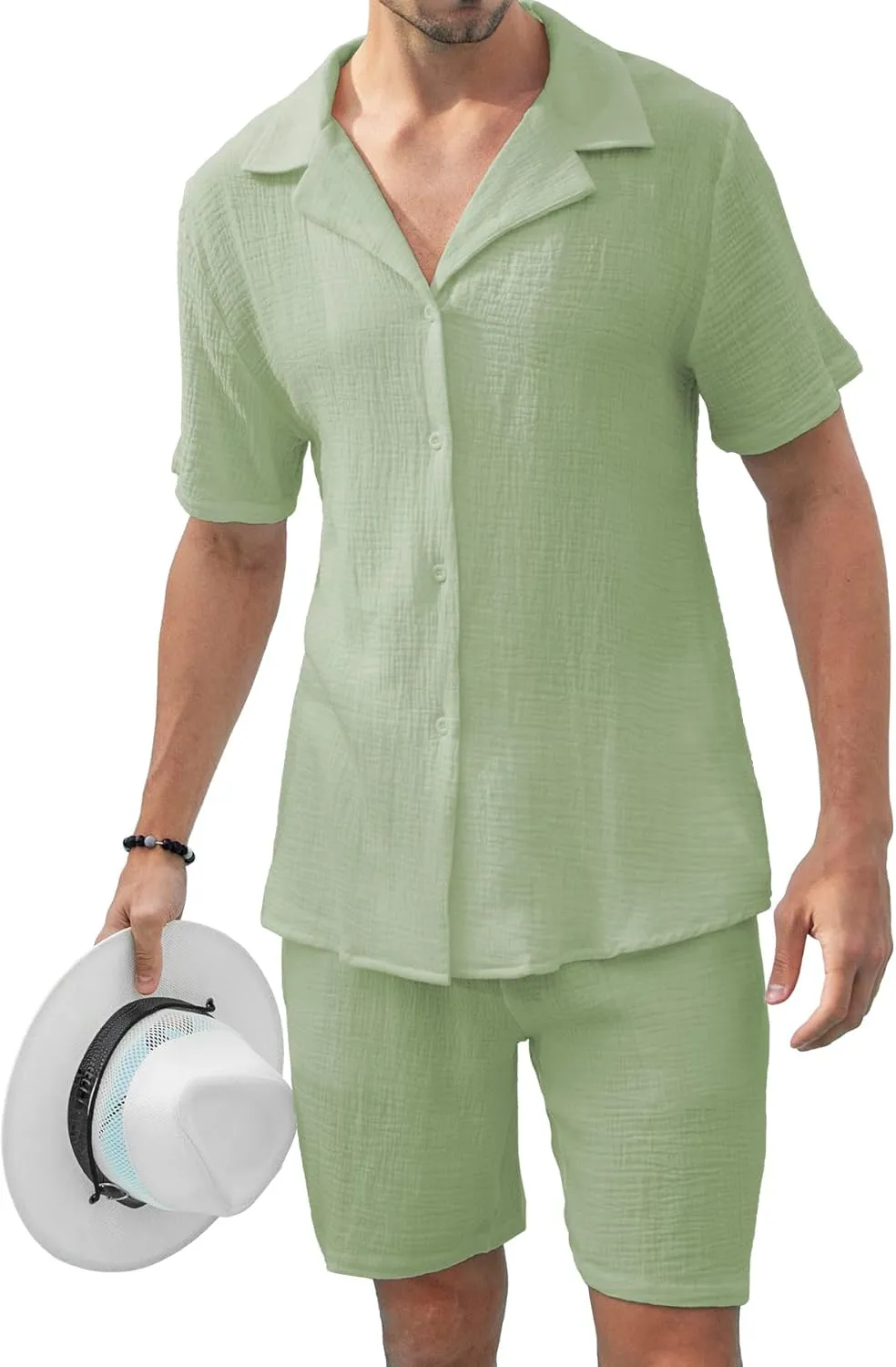 KUYIGO Men's 2 Pieces Beach Outfit Cotton Set Short Sleeve Button Down Shirts Shorts Summer Casual Outfits