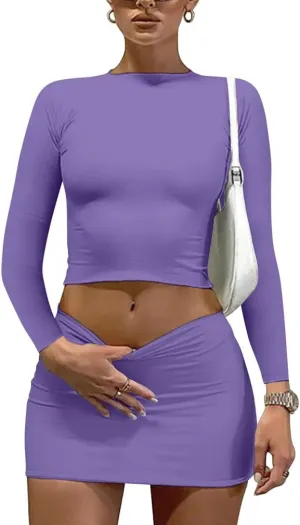 LAGSHIAN Women Sexy 2 Piece Outfits Long Sleeve Crop Top Bodycon Mini Skirt Club Suits Dress