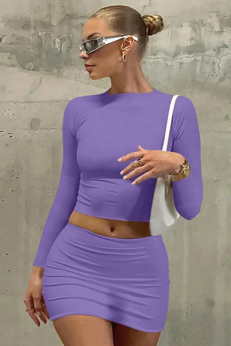 LAGSHIAN Women Sexy 2 Piece Outfits Long Sleeve Crop Top Bodycon Mini Skirt Club Suits Dress