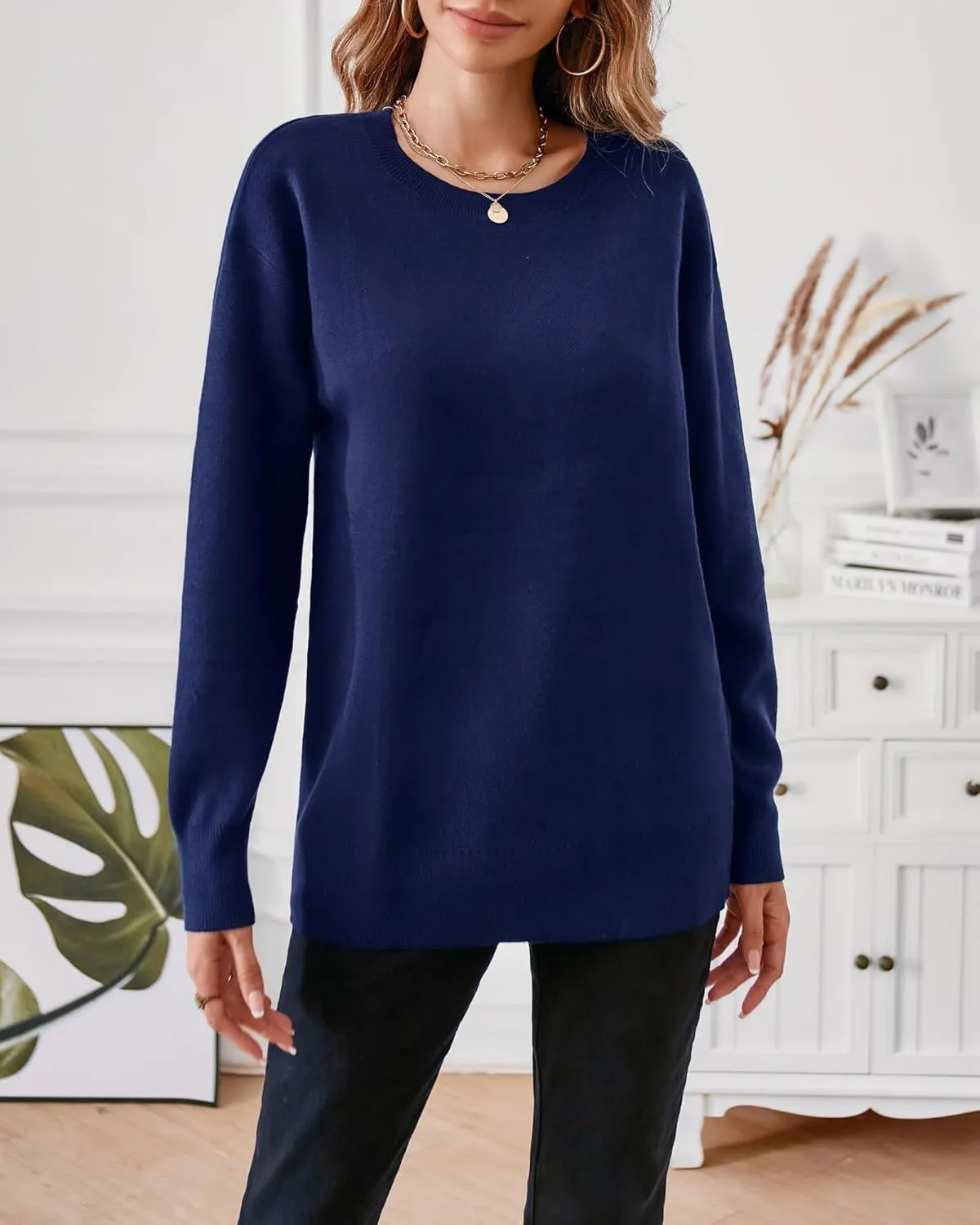 LAISHEN Women's Fall Fashion 2025 Casual Long Sleeve Crewneck Loose Knit Pullover Cute Sweater Tops