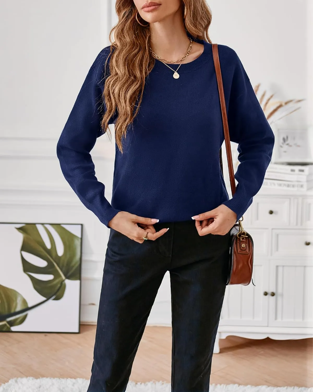 LAISHEN Women's Fall Fashion 2025 Casual Long Sleeve Crewneck Loose Knit Pullover Cute Sweater Tops