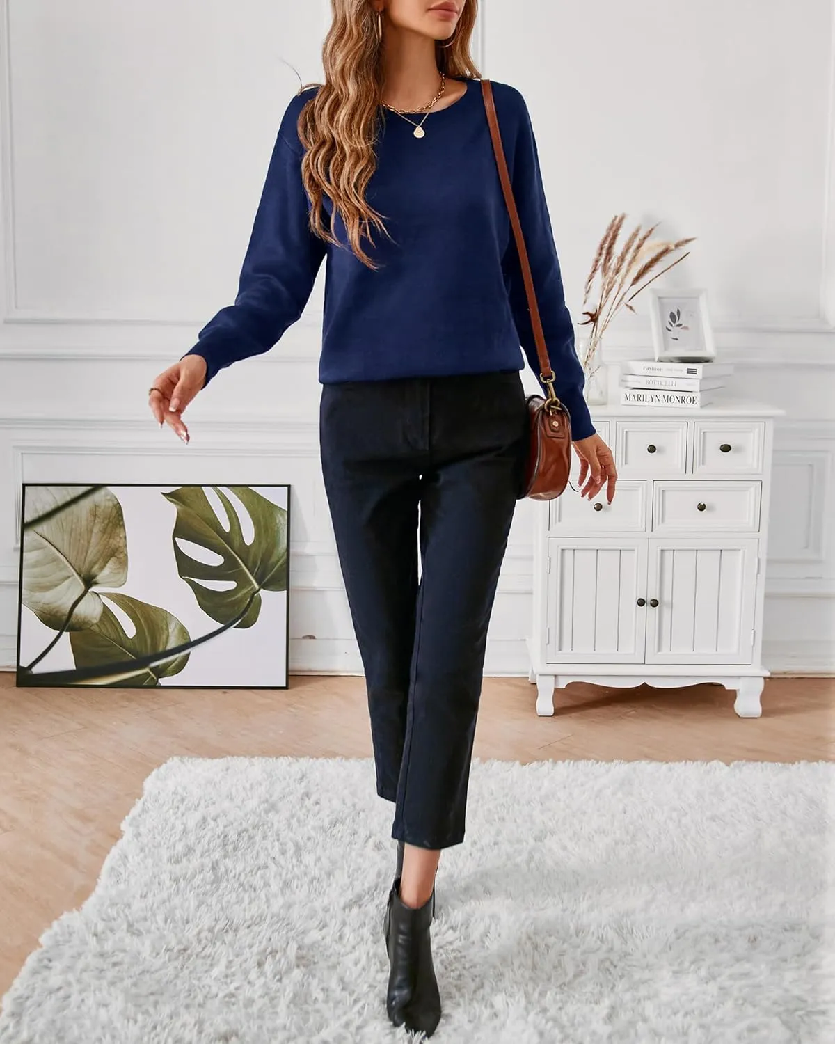 LAISHEN Women's Fall Fashion 2025 Casual Long Sleeve Crewneck Loose Knit Pullover Cute Sweater Tops