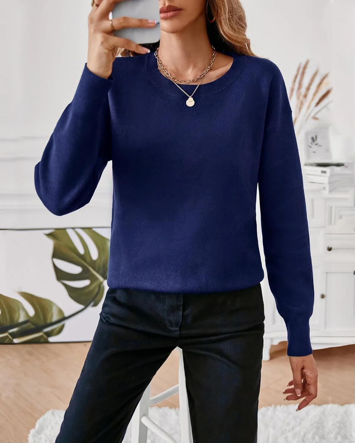 LAISHEN Women's Fall Fashion 2025 Casual Long Sleeve Crewneck Loose Knit Pullover Cute Sweater Tops