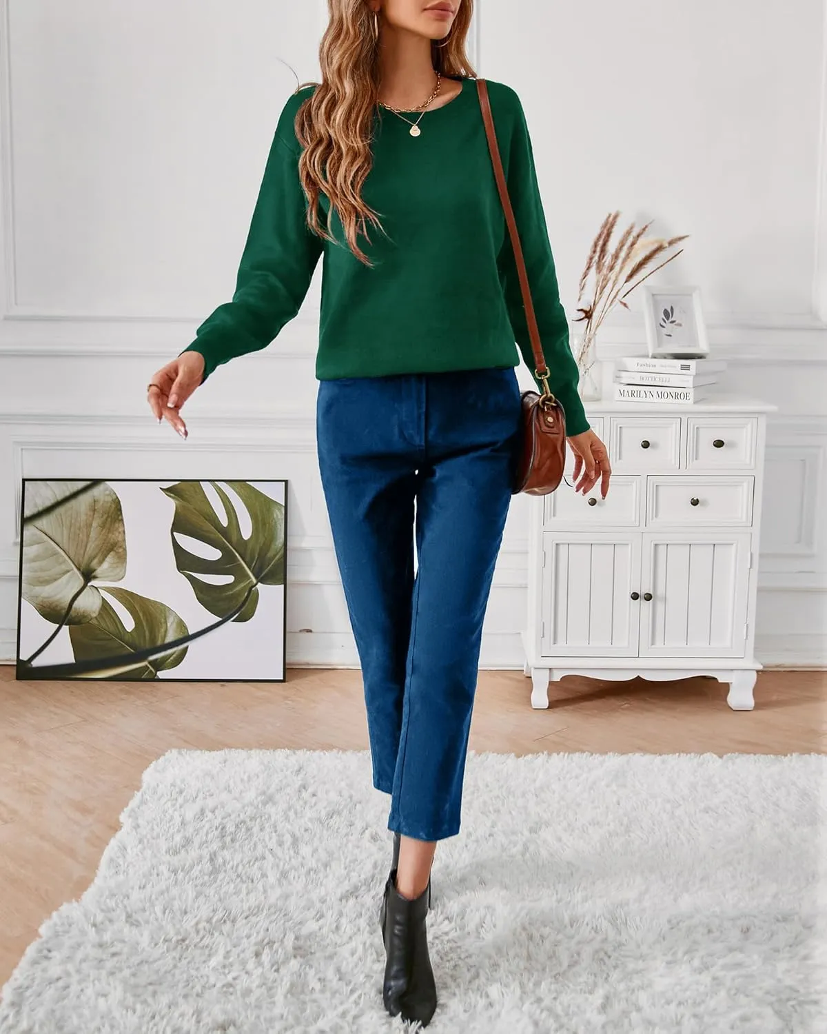 LAISHEN Women's Fall Fashion 2025 Casual Long Sleeve Crewneck Loose Knit Pullover Cute Sweater Tops