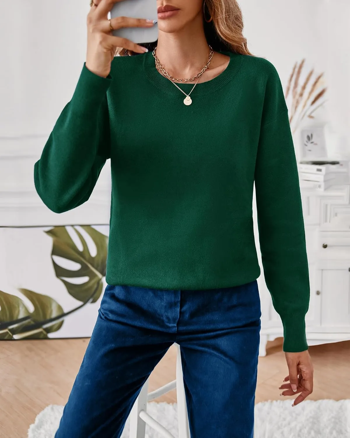 LAISHEN Women's Fall Fashion 2025 Casual Long Sleeve Crewneck Loose Knit Pullover Cute Sweater Tops
