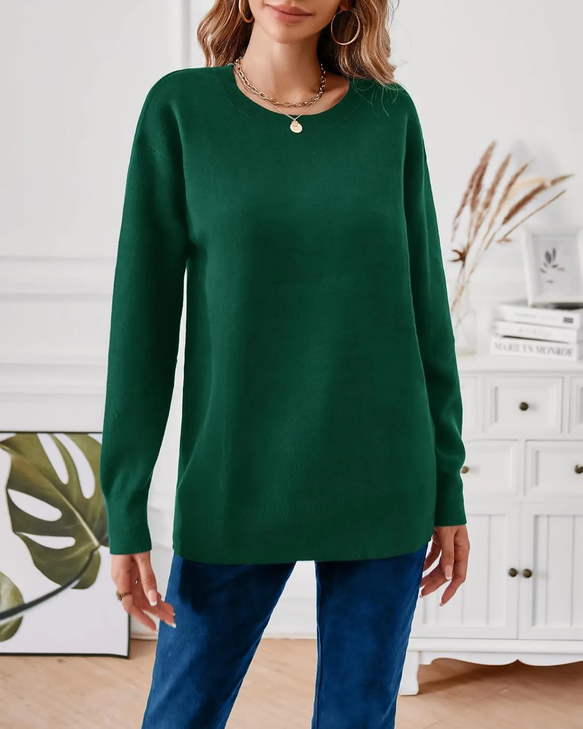 LAISHEN Women's Fall Fashion 2025 Casual Long Sleeve Crewneck Loose Knit Pullover Cute Sweater Tops