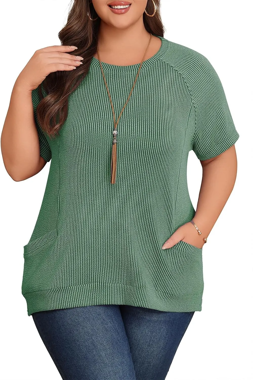 Lastshe Womens Plus Size Short Sleeves Shirts Summer Loose Ribbed Tops Dressy Casual Blouses with Pockets for Leggings 2025