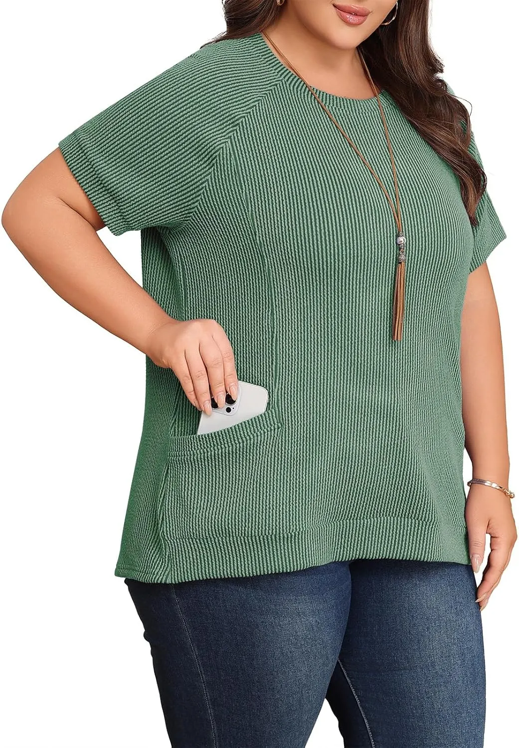 Lastshe Womens Plus Size Short Sleeves Shirts Summer Loose Ribbed Tops Dressy Casual Blouses with Pockets for Leggings 2025