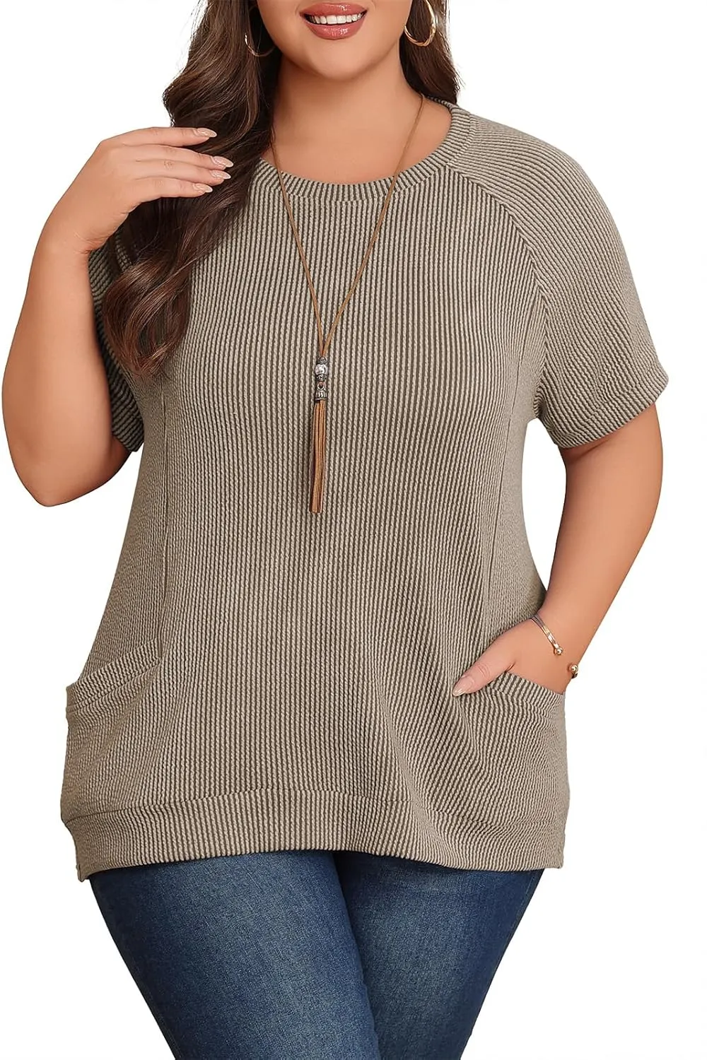 Lastshe Womens Plus Size Short Sleeves Shirts Summer Loose Ribbed Tops Dressy Casual Blouses with Pockets for Leggings 2025