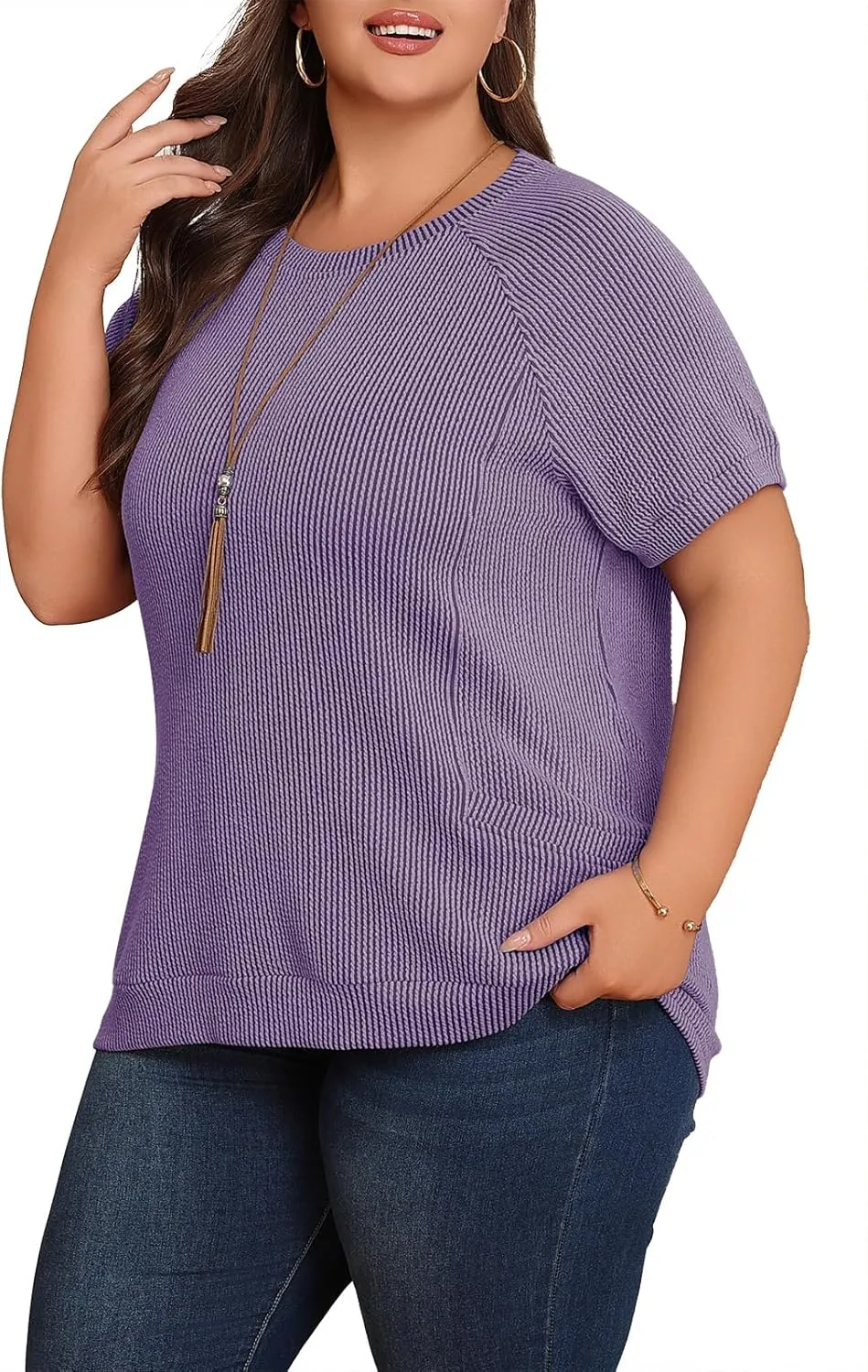 Lastshe Womens Plus Size Short Sleeves Shirts Summer Loose Ribbed Tops Dressy Casual Blouses with Pockets for Leggings 2025