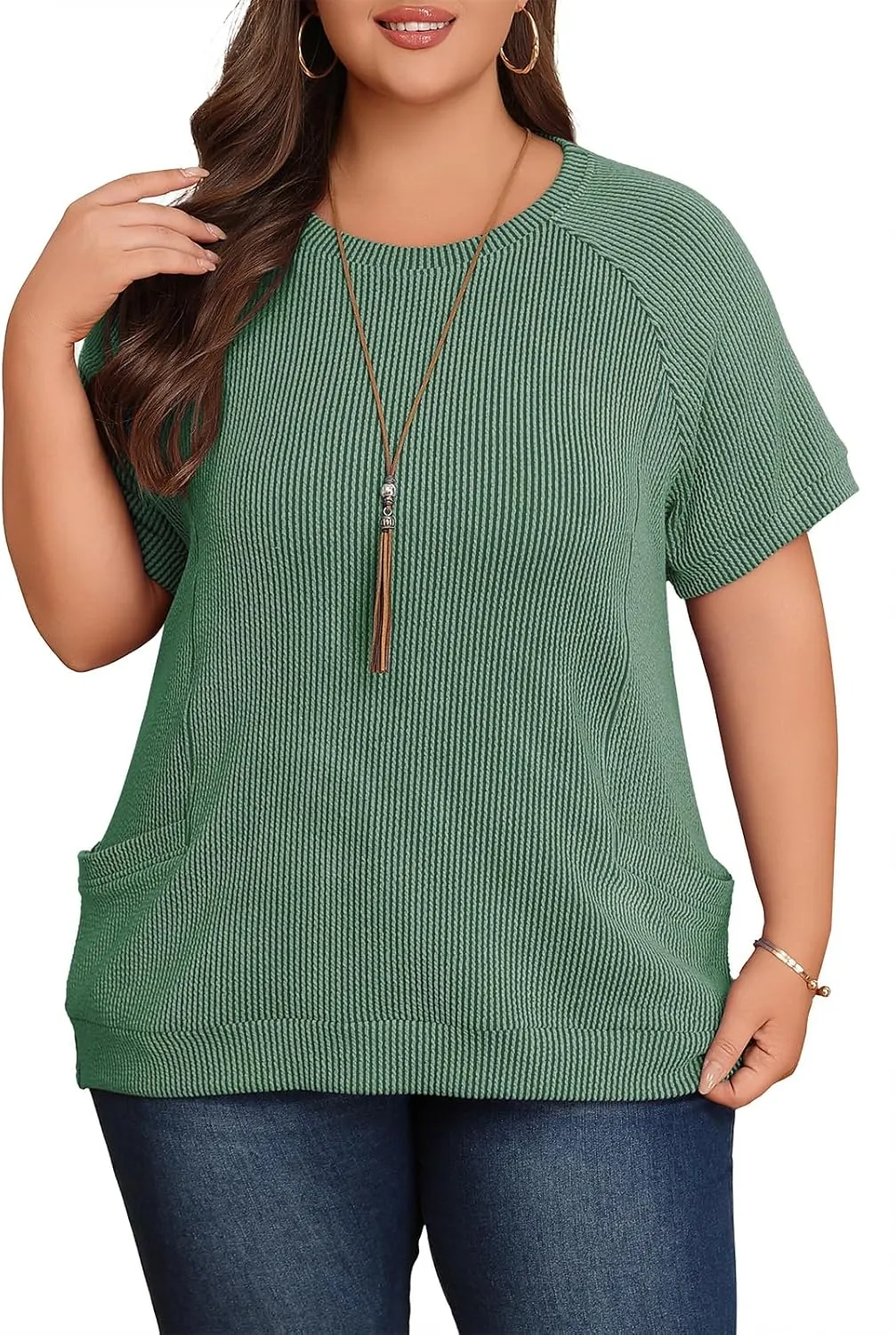 Lastshe Womens Plus Size Short Sleeves Shirts Summer Loose Ribbed Tops Dressy Casual Blouses with Pockets for Leggings 2025