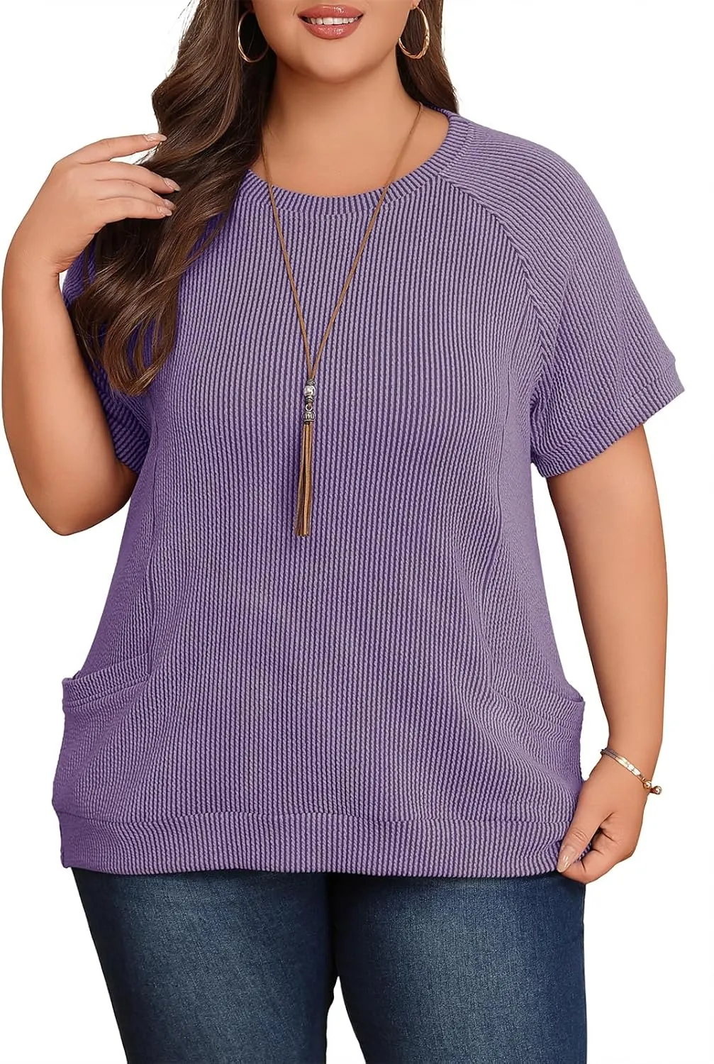 Lastshe Womens Plus Size Short Sleeves Shirts Summer Loose Ribbed Tops Dressy Casual Blouses with Pockets for Leggings 2025