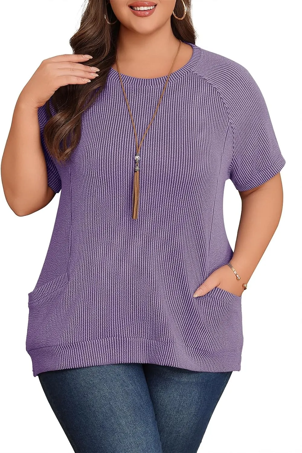 Lastshe Womens Plus Size Short Sleeves Shirts Summer Loose Ribbed Tops Dressy Casual Blouses with Pockets for Leggings 2025