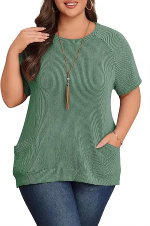 Lastshe Womens Plus Size Short Sleeves Shirts Summer Loose Ribbed Tops Dressy Casual Blouses with Pockets for Leggings 2025