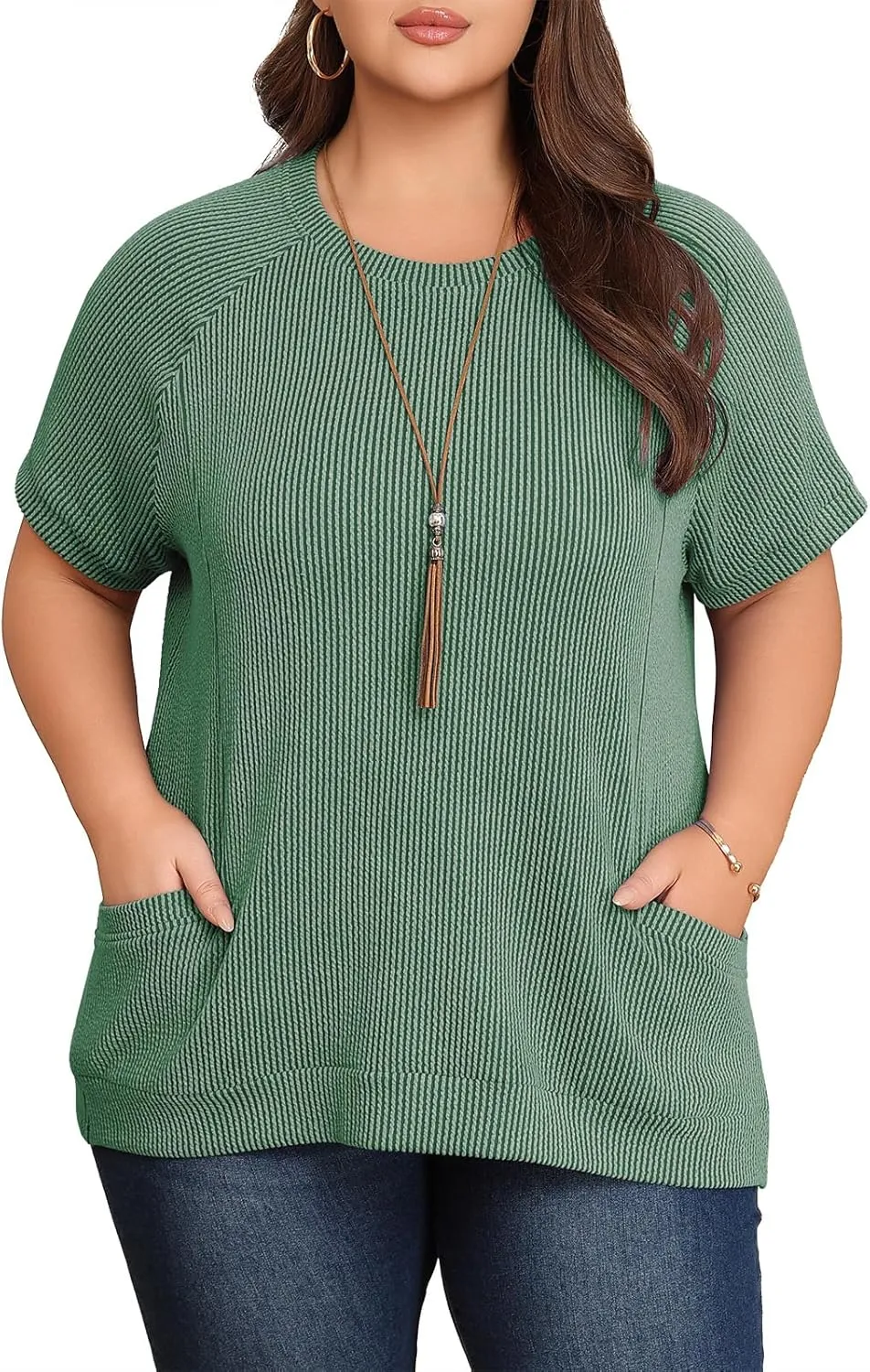 Lastshe Womens Plus Size Short Sleeves Shirts Summer Loose Ribbed Tops Dressy Casual Blouses with Pockets for Leggings 2025