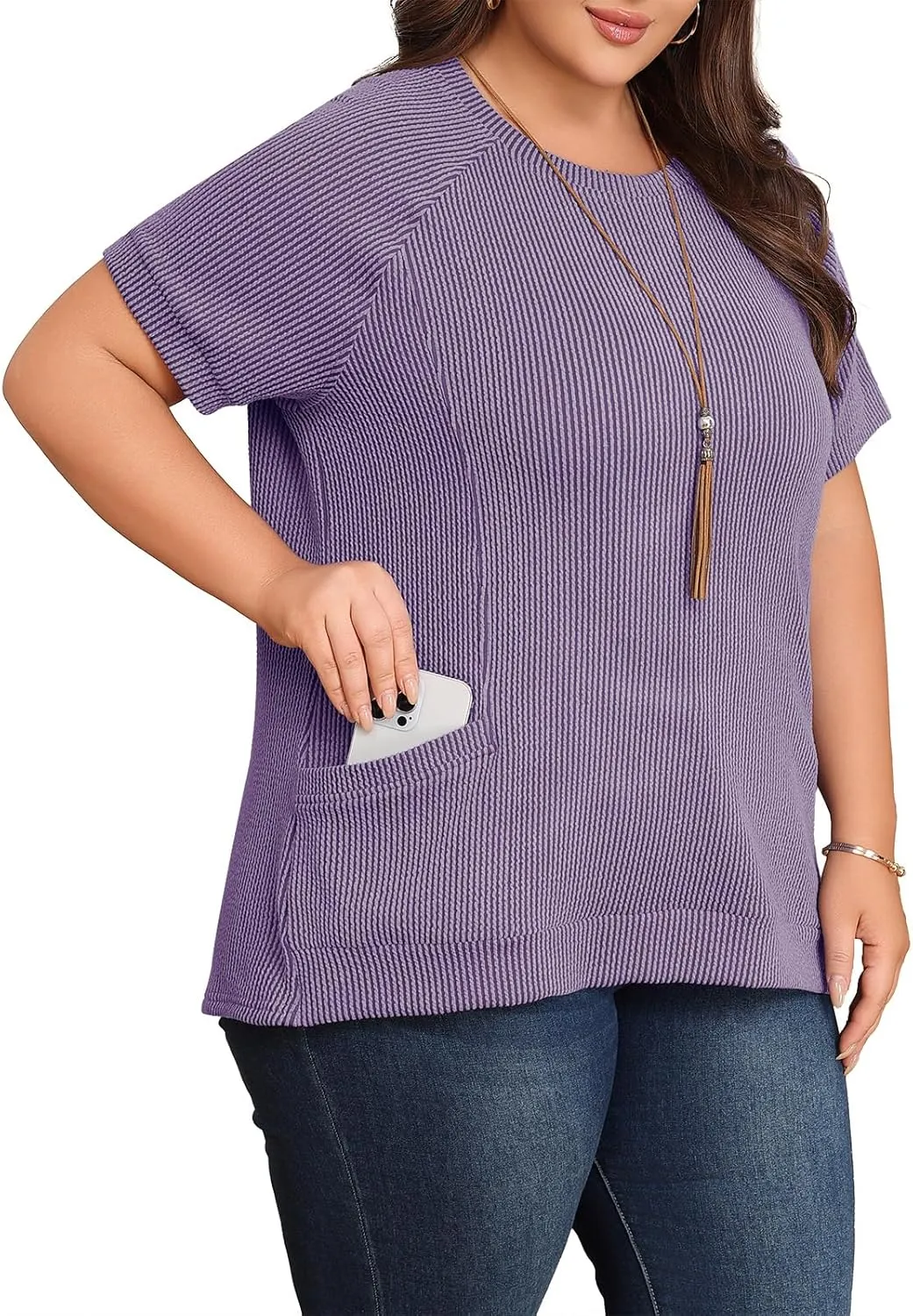 Lastshe Womens Plus Size Short Sleeves Shirts Summer Loose Ribbed Tops Dressy Casual Blouses with Pockets for Leggings 2025