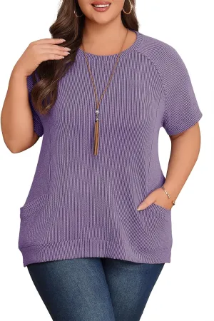 Lastshe Womens Plus Size Short Sleeves Shirts Summer Loose Ribbed Tops Dressy Casual Blouses with Pockets for Leggings 2025