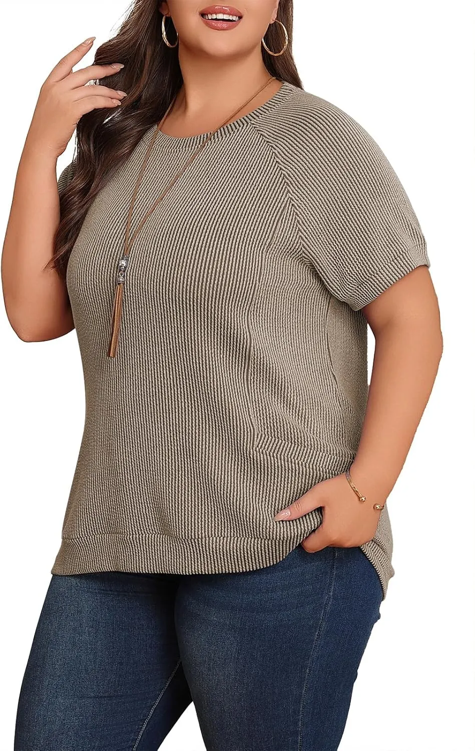 Lastshe Womens Plus Size Short Sleeves Shirts Summer Loose Ribbed Tops Dressy Casual Blouses with Pockets for Leggings 2025