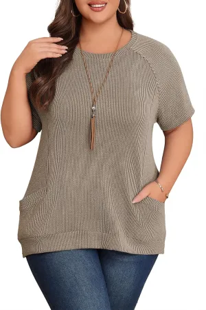 Lastshe Womens Plus Size Short Sleeves Shirts Summer Loose Ribbed Tops Dressy Casual Blouses with Pockets for Leggings 2025