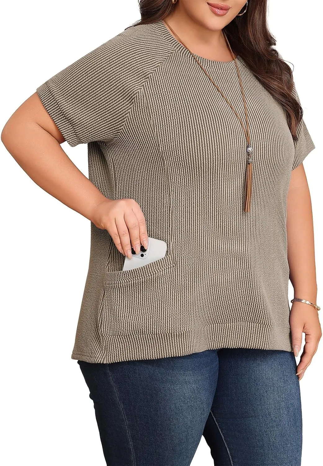 Lastshe Womens Plus Size Short Sleeves Shirts Summer Loose Ribbed Tops Dressy Casual Blouses with Pockets for Leggings 2025