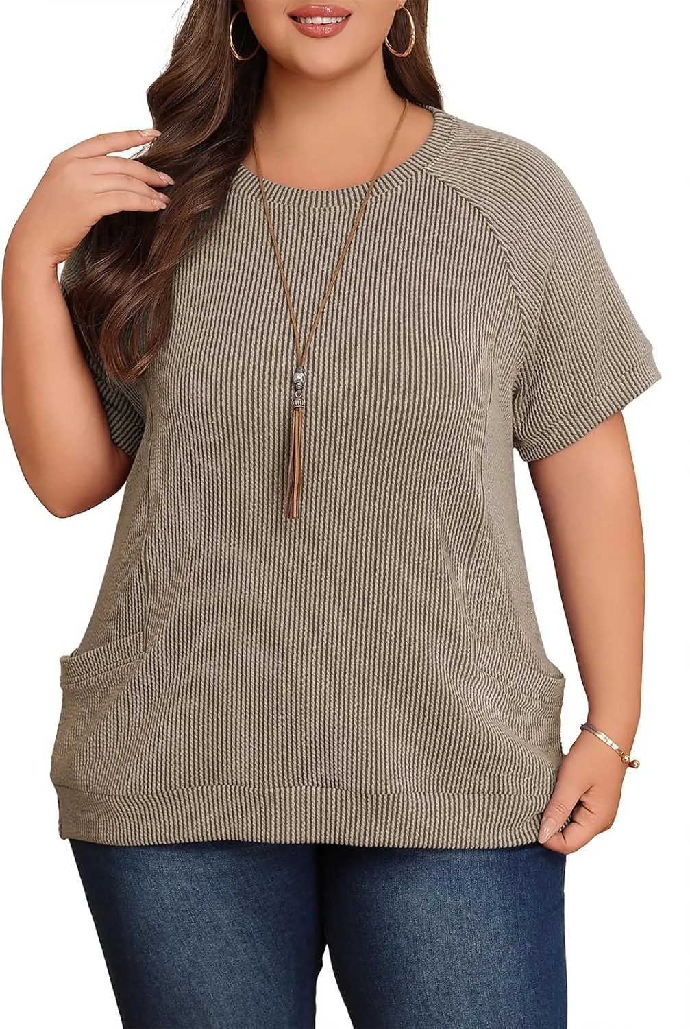 Lastshe Womens Plus Size Short Sleeves Shirts Summer Loose Ribbed Tops Dressy Casual Blouses with Pockets for Leggings 2025