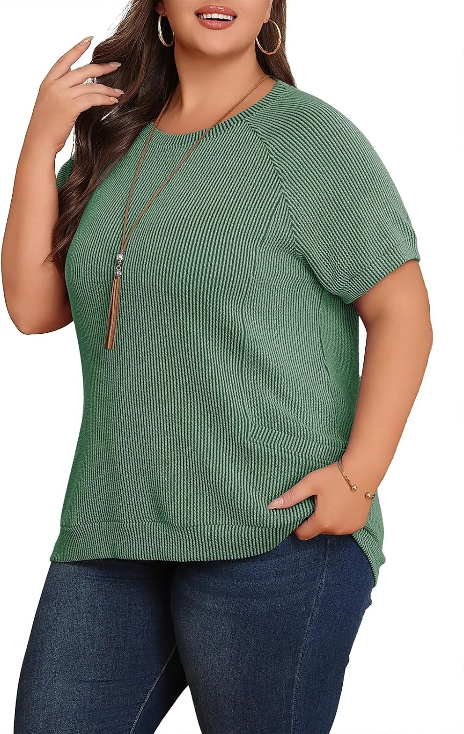 Lastshe Womens Plus Size Short Sleeves Shirts Summer Loose Ribbed Tops Dressy Casual Blouses with Pockets for Leggings 2025