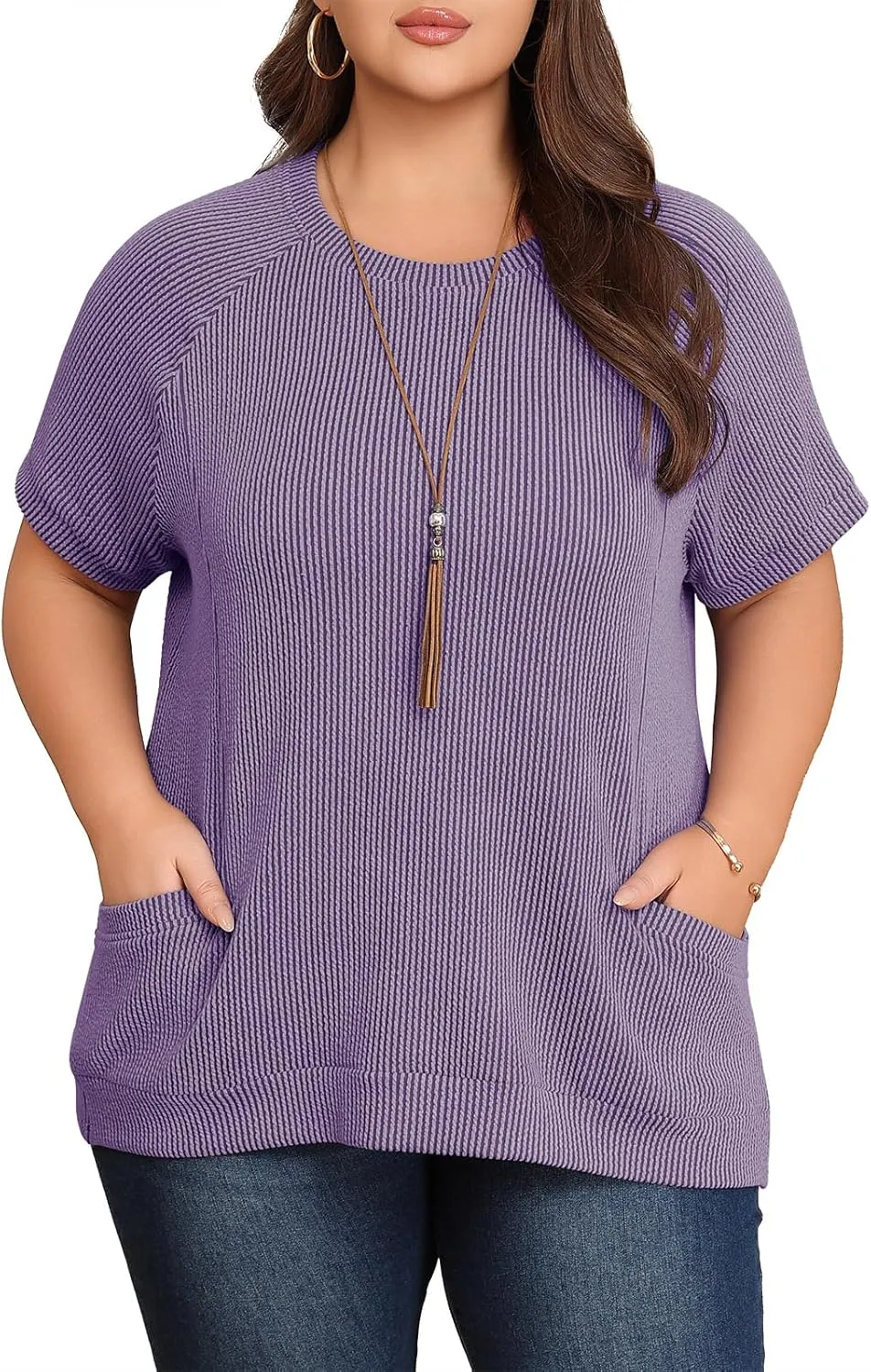Lastshe Womens Plus Size Short Sleeves Shirts Summer Loose Ribbed Tops Dressy Casual Blouses with Pockets for Leggings 2025